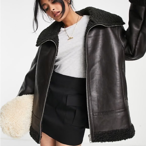 ASOS Jackets & Blazers - Faux Leather Sherpa-Trim Jacket - Black